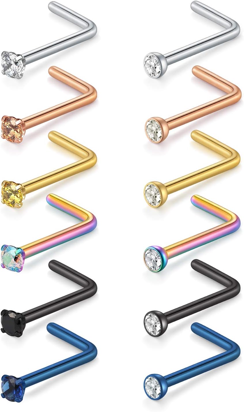12PCS Nose Studs L Shaped 18G 20G Stainless Steel Piercing Nose Set Diamond CZ Body Jewellery
