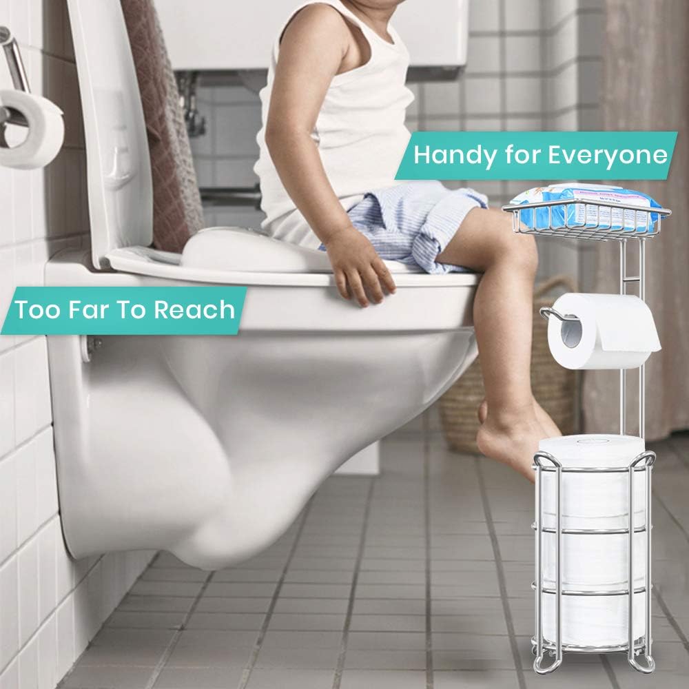 TreeLen Toilet Paper Holder Stand Toilet Tissue Roll Holder with Shelf for Bathroom Storage Holds Phone/Wipe/Mega Rolls-Shiny Chrome - - 