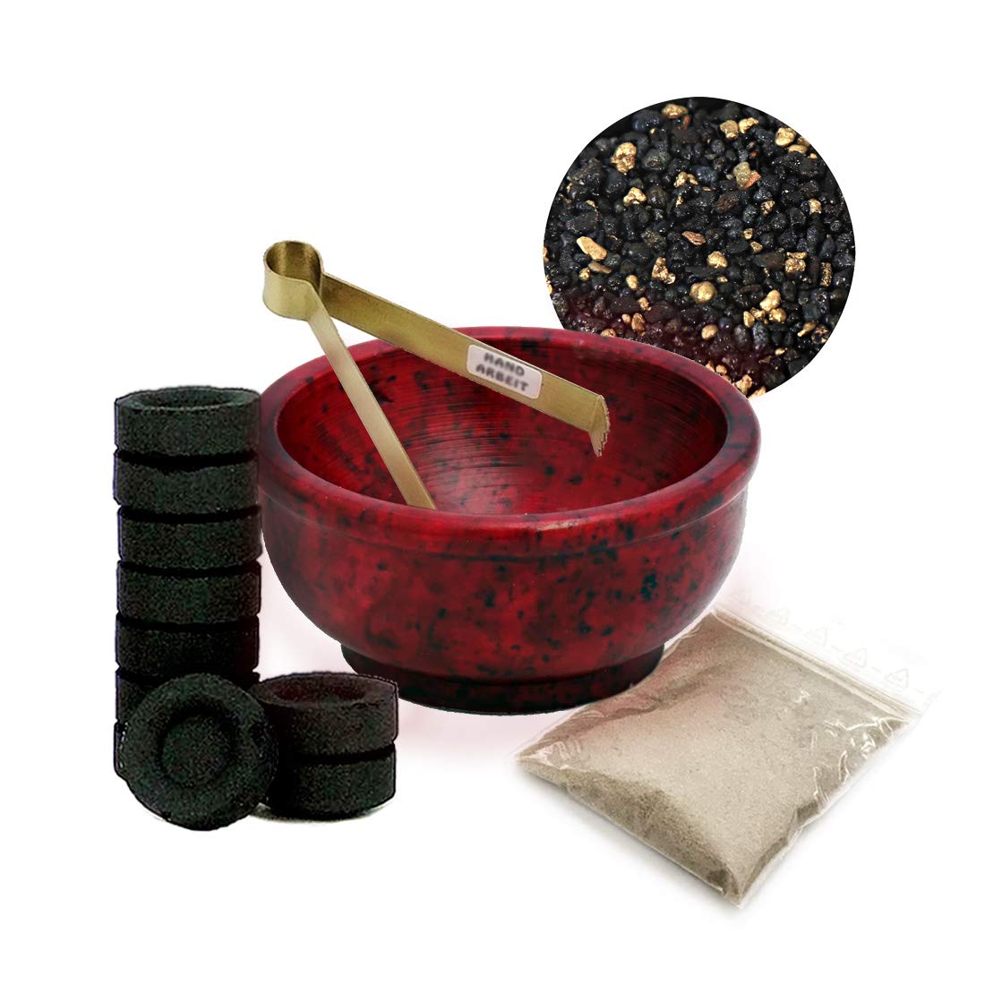 NKlaus set 5pcs soapstone bowl red 6,5mm + smoking tongs smoking coal smoking sand 40630