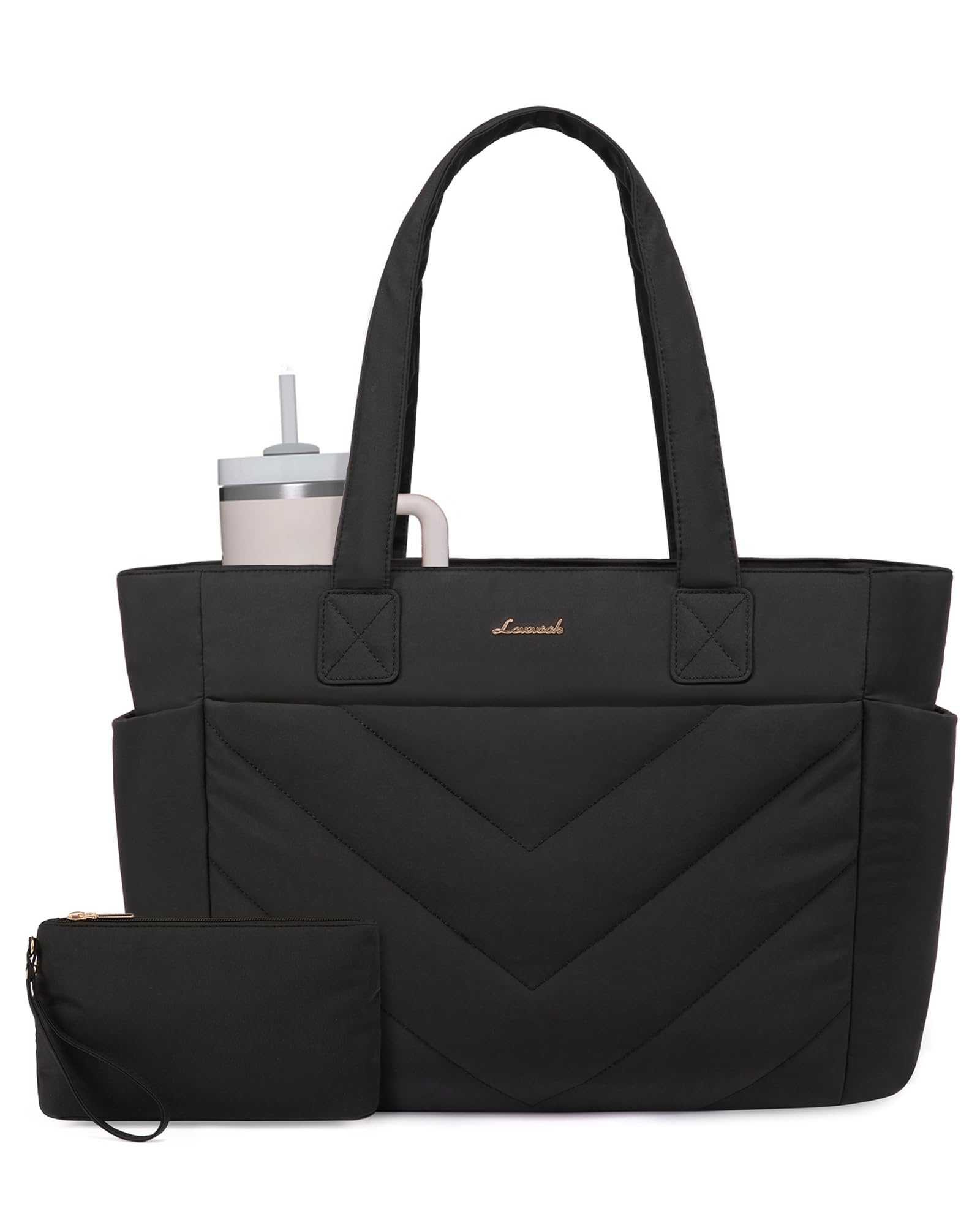 Photo 1 of LOVEVOOK Tote Travel Bag for Women, Puffer Work Handbag with Zipper for Teacher Nurse, Quilted Laptop Shoulder Bag Cute for School Gym, Black