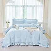 ANGIYUIN Light Blue Ruffle Girls Comforter Set Twin Size 5 Pieces Ruffled Farmhouse Bed in A Bag Solid Boho Bedding Comforter Sets Soft Fluffy Bed Sets for Kids Girl(Light Blue Twin)