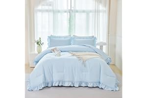 ANGIYUIN Light Blue Ruffle Girls Comforter Set Twin Size 5 Pieces Ruffled Farmhouse Bed in A Bag Solid Boho Bedding Comforter Sets Soft Fluffy Bed Sets for Kids Girl(Light Blue Twin)