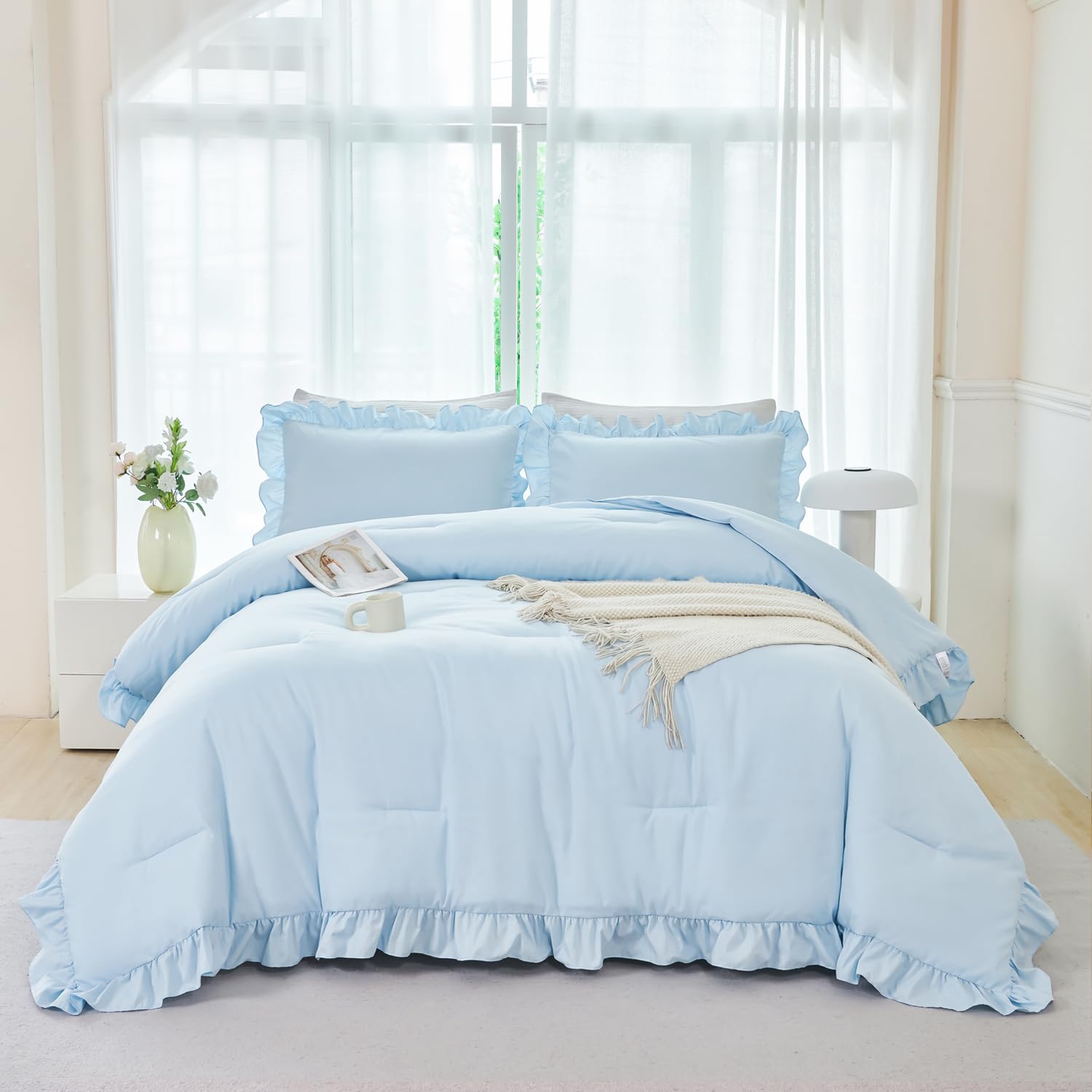 Photo 1 of ANGIYUIN Light Blue Ruffle Girls Comforter Set Twin Size 5 Pieces Ruffled Farmhouse Bed in A Bag Solid Boho Bedding Comforter Sets Soft Fluffy Bed Sets for Kids Girl(Light Blue Twin)