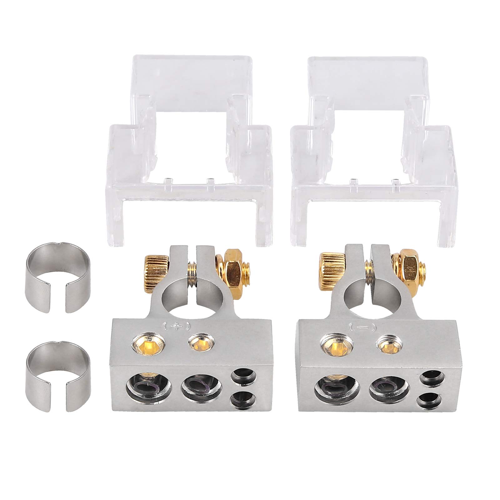 Car Battery Terminal Connectors Kit with Shims 2/4/8/10 Gauge AWG Battery Terminal Clamp Positive & Negative Chrome Battery Terminals Positive and Negative (+/-)