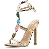 Kluolandi Jewelled Strappy Gold Heels for Women Open Toe Ankle Strap Gladiator Stiletto Heeled Sandals for Party Wedding