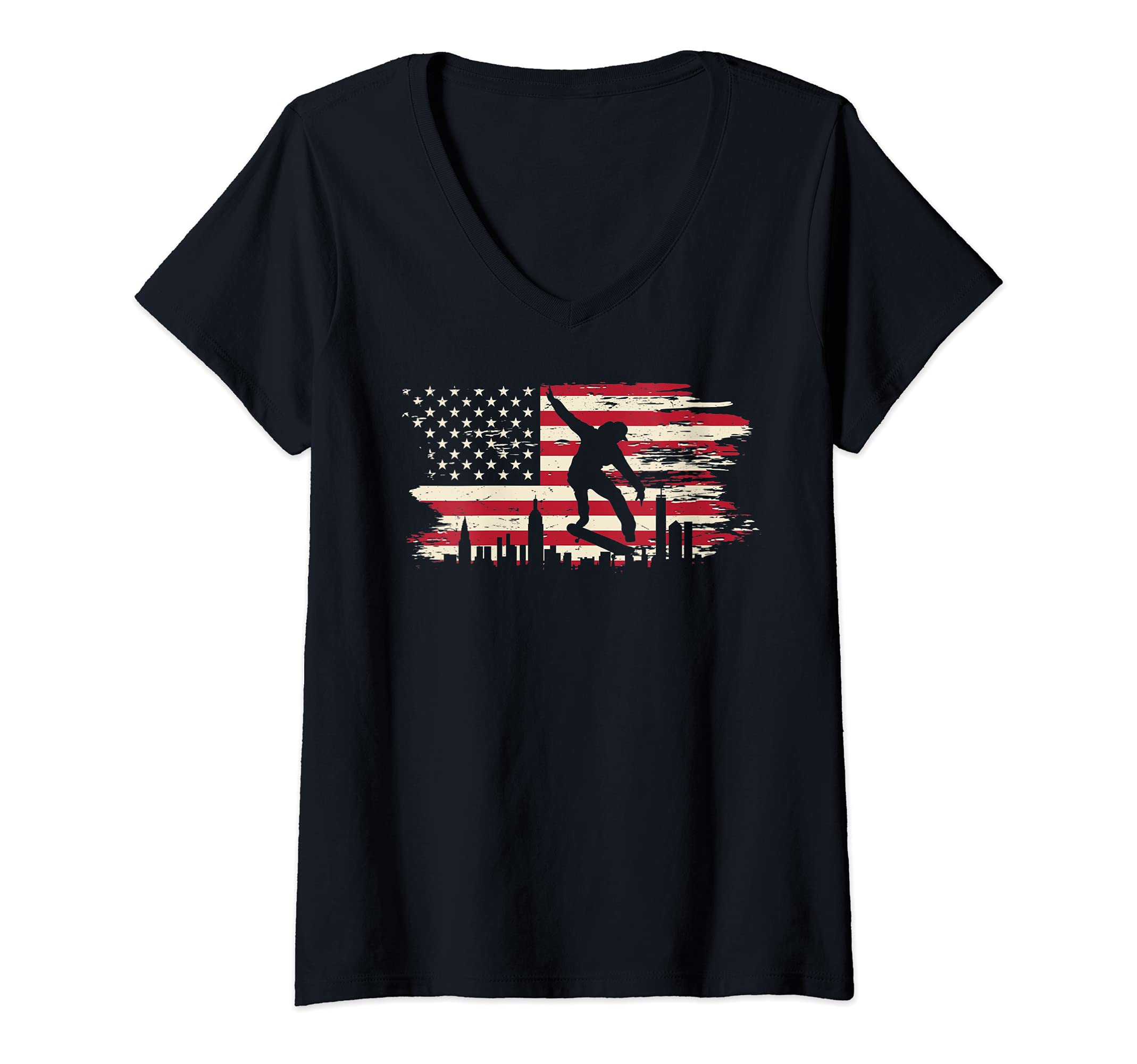 Womens Skateboard American Flag Skate Skateboarding Skateboarder V-Neck T-Shirt