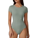 QINSEN Women's Crew Neck Bodysuit Sexy Double Lined Short Sleeve Slimming Tops Smoke Green XXL