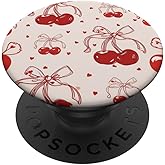 Cherry Pink Bow Coquette Pattern Cute Aesthetic Girly PopSockets Adhesive PopGrip