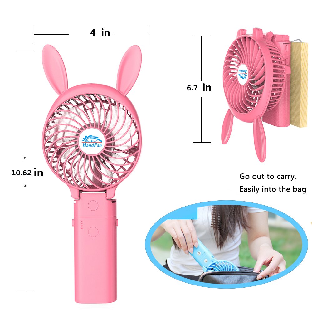 Small Handheld Fan,HandFan USB Rechargeable Fan mini Portable Fan Power Personal Fan Collapsible Electric Fan Desk Fan with 4000mA Mobile Battery for Stroller Camping Tent Dorm Office(Pink rabbit)