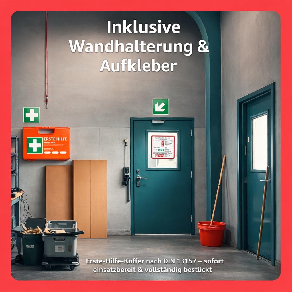 Erste Hilfe Kasten - DIN 13157 Koffer für Unternehmen & Betriebe - Verbandskasten orange nach aktueller Norm geprüft - Mit Aufkleber & Wandhalterung 4