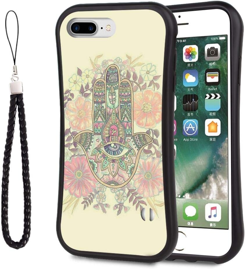 iPhone 7 Plus, iPhone 8 Plus Black Slim Waist Phone Case Curved Luxury Shape Design Cover Hamsa Hand Phone Shell Light Shockproof Protector Full Body