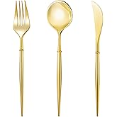 N9R 90PCS Gold Plastic Silverware, Gold Disposable Utensils, Gold Silverware Disposable, Disposable Cutlery includes: 30 Knives, 30 Forks, and 30 Spoons for Party, Birthday, Wedding