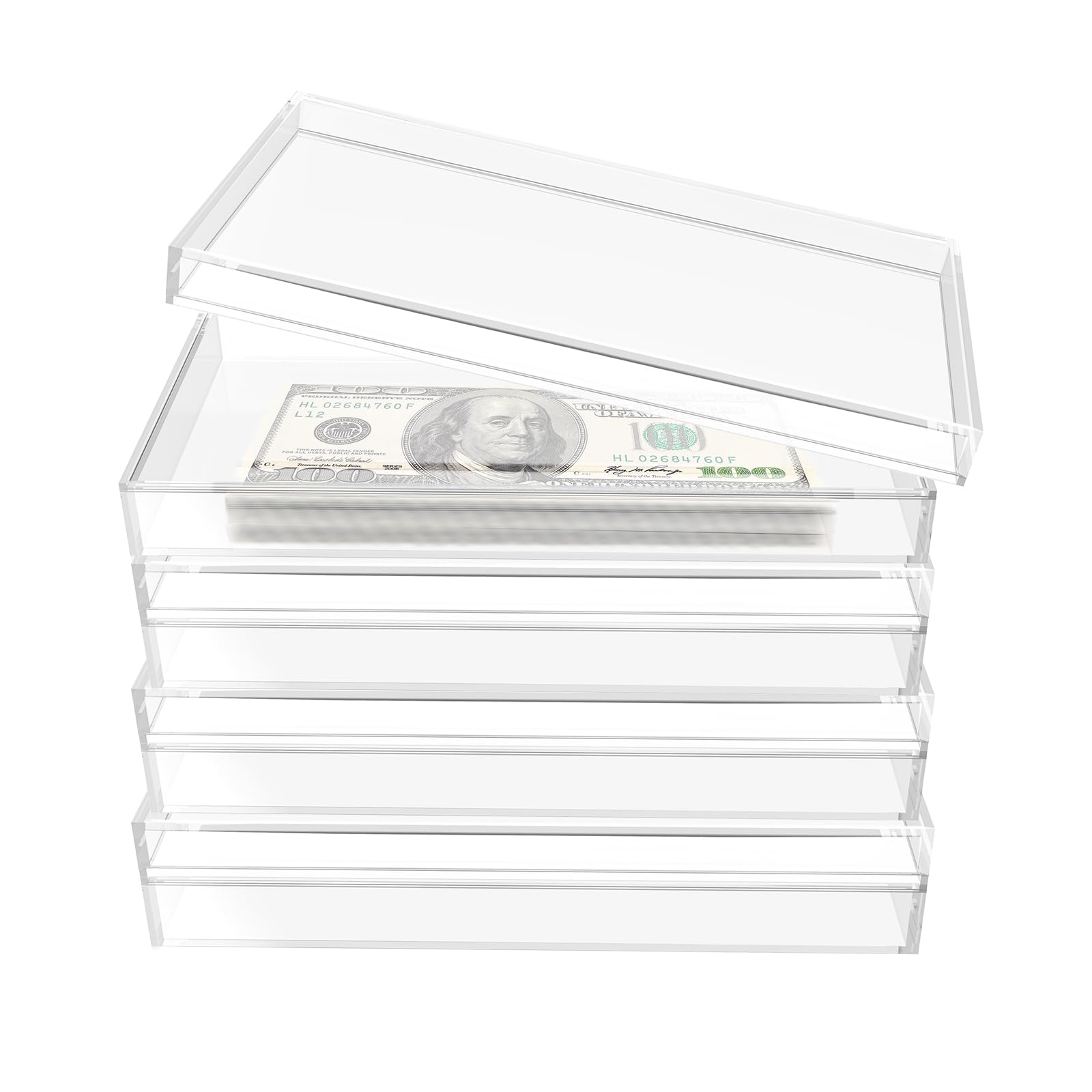 Photo 1 of 2 PCS Clear Acrylic Cash Box, Acrylic Money Storage Box Holder Organizer for Cash, Cash Organizer, Single Row Currency Cash Tray Storage Box Holder Organizer for Money, 7 x 3.7 x 1.3 Inch