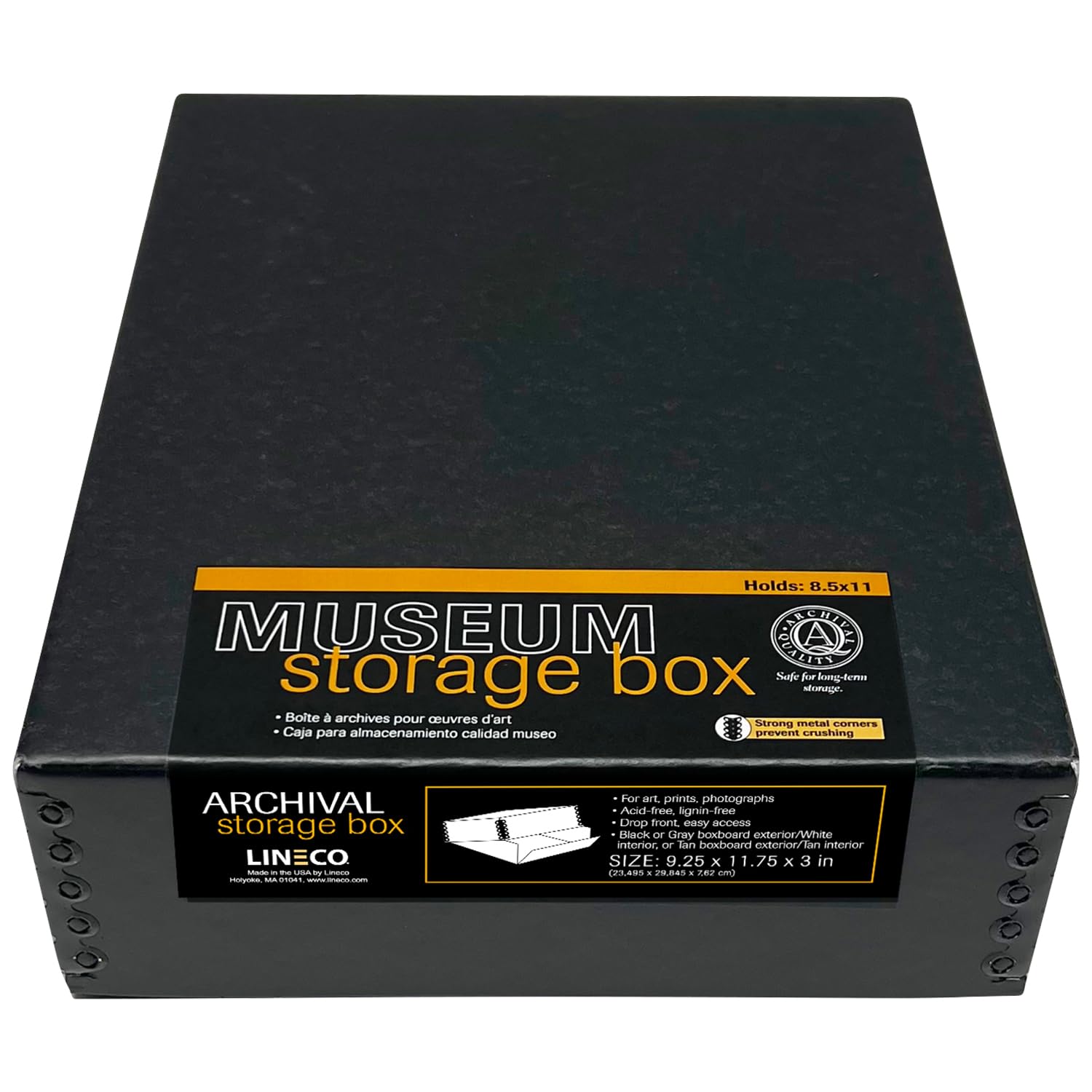 Lineco Museum Archival Drop-Front Storage Box, Acid-Free with Metal Edges, 8.5 X 11.5 X 3 inches, Black (733-2811) - for Pictures, Documents, Artworks - Acid Free, Lignin Free - Sturdy Construction