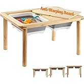 FUNLIO Wooden Sensory Table with 2 Bins for Toddlers 1-5, 3-Level Height Adjustable Kids Play Sand and Water Table, Anti-Warp