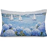 Lacama Blue Hydrangea Coastal Sailboat 12x20 Pillow Cover, Beach Home Room Decor, Ocean Nautical Beachy Flower Decorative Lumbar Throw Pillow Covers Pillowcases for Couch Bed Home Bedroom Living Room
