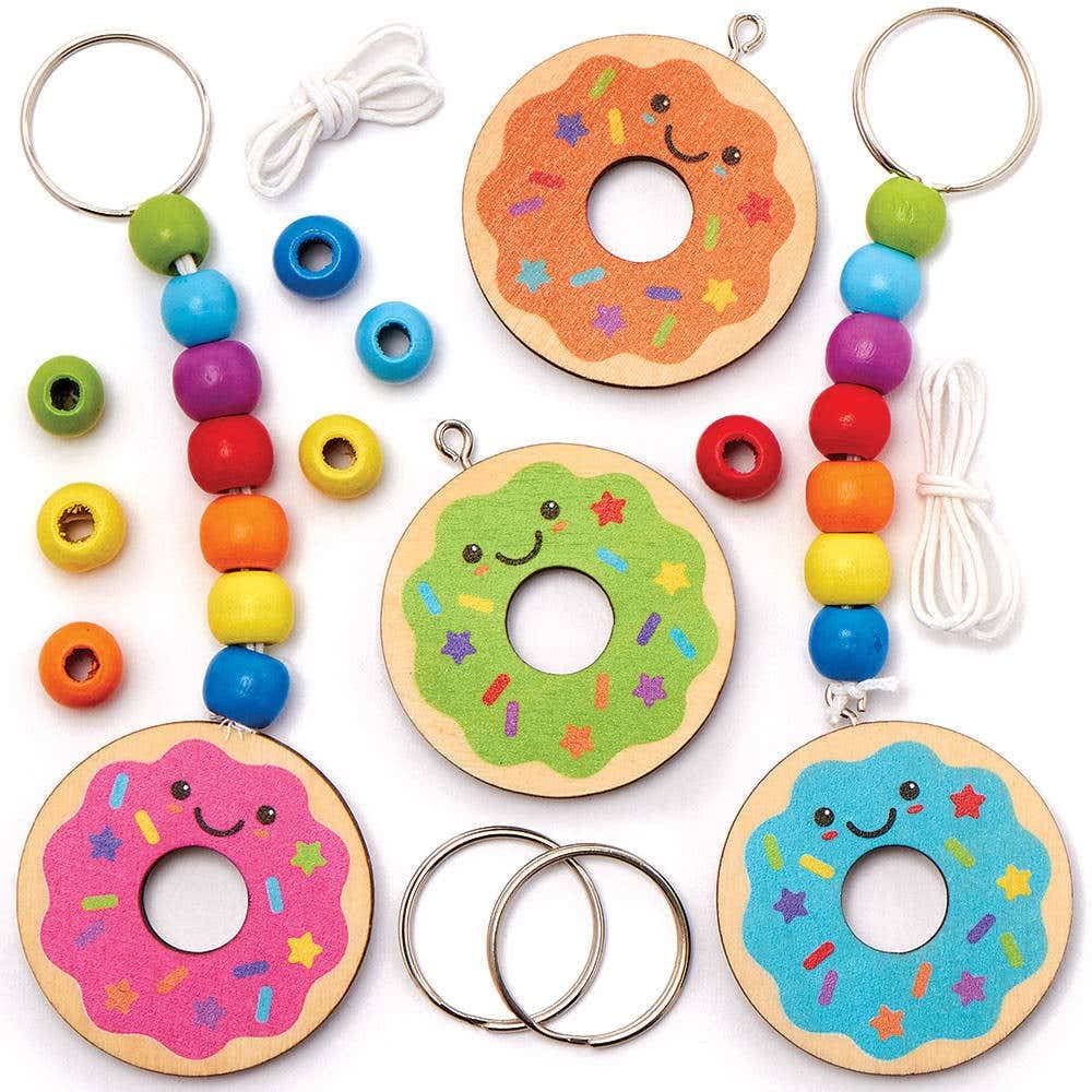 Baker Ross FC792 Doughnut Wooden Keyring and Bag Dangler Kits - Pack of 4, Craft Kits for Kids, Kids Party Bag Favours, Boys and Girls Craft