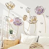 Runtoo 3D Flower Wall Stickers Gold Lotus Floral Wall Art Decals for Living Room Bedroom TV Background Wall Decor
