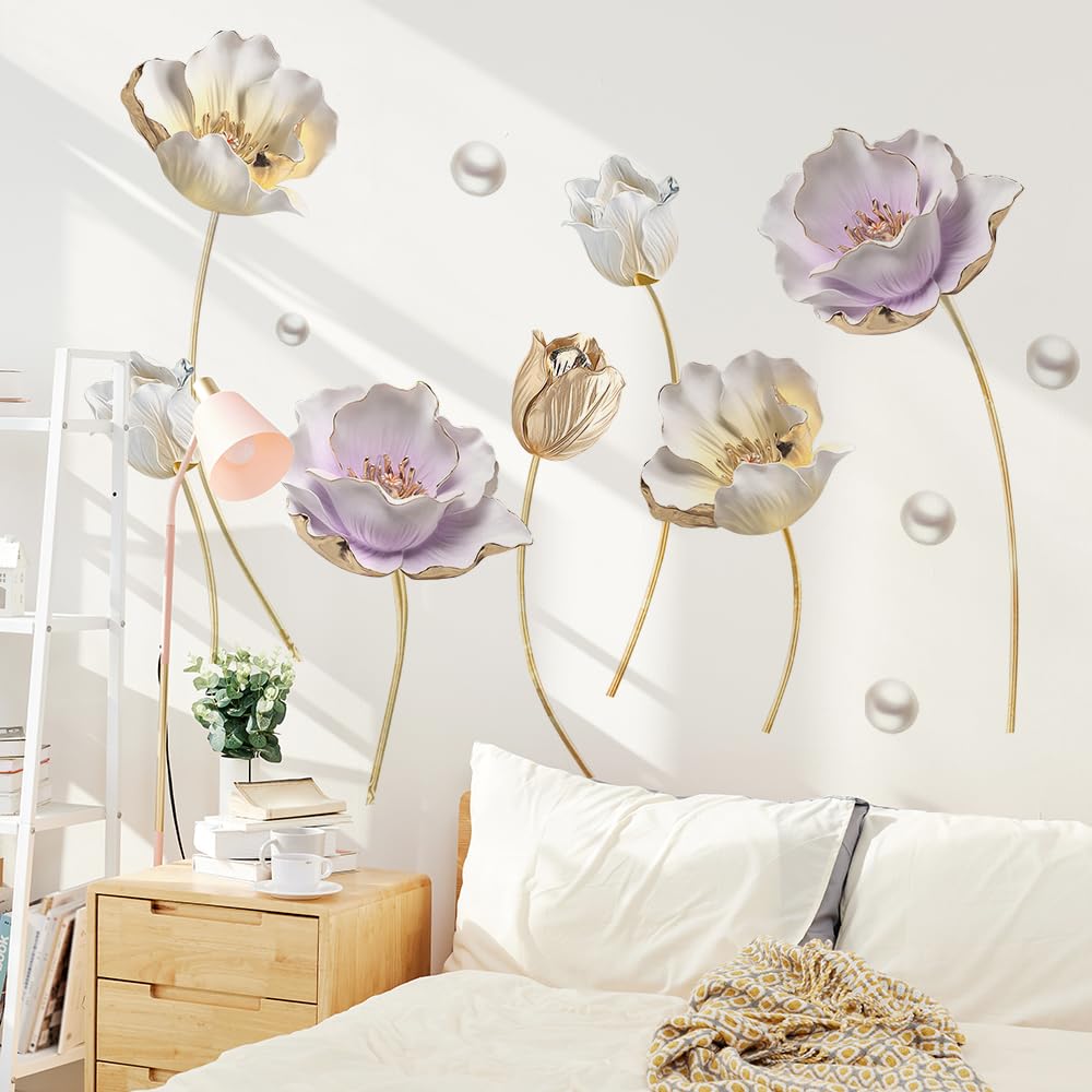 Runtoo Lotus Flower Wall Stickers 3D Golden Floral Deco Stickers Living Room Bathroom Bedroom Children Baby Decoration