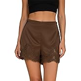 Women Satin Silk Lace Shorts Lace Trim Satin Pettipants Elastic Waist Silk Slip Shorts Lounge Bottoms