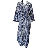 Cotton Kimono Robe for Women – Soft Lightweight Bohemian Hand Block Floral Printed Bathrobe with Belt, Loungewear, Spa & Resort Wear, Beach Cover Up, Comfortable Nightwear Dressing Gown - Blue