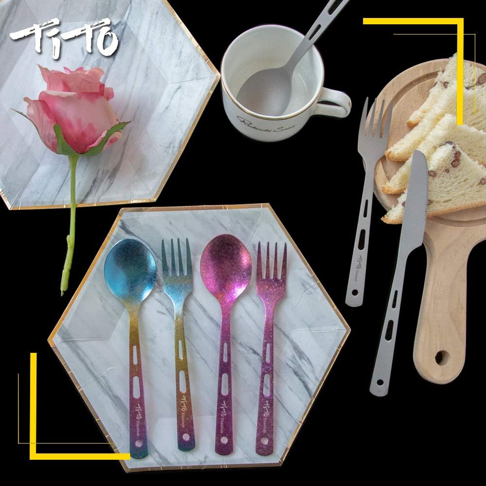 TiTo Titanium Spork Tableware Set Outdoor Camping Titanium Spoon Knife Collection 3 New Environmental Protection Sets with Box And Cloth Bag (2pcs Rose Spoon fork) - Image 4