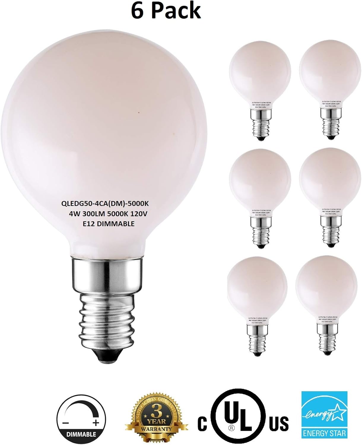 QPLUS Dimmable Globe Frosted G50 LED Light Bulbs, 4 Watts(=35Watts