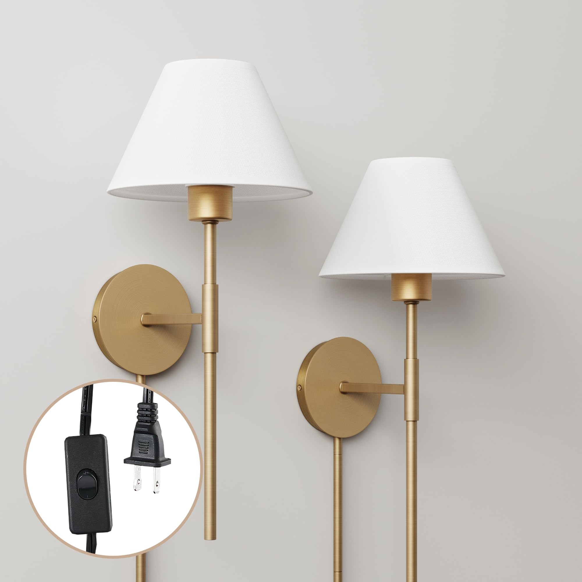 Photo 1 of ***************ONLY 1 LAMP***********
Nathan James Millie Plug-in Wall Sconce, Wall Mounted Bedside Reading Lamp with Cotton Shade and Brass Back Plate, Set of 2