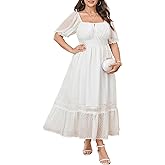 SHESTARR Women's Plus Size Maxi Dress Short Sleeve Square Neck Tie Front Swiss Dot A Line Wedding Guest Dresses