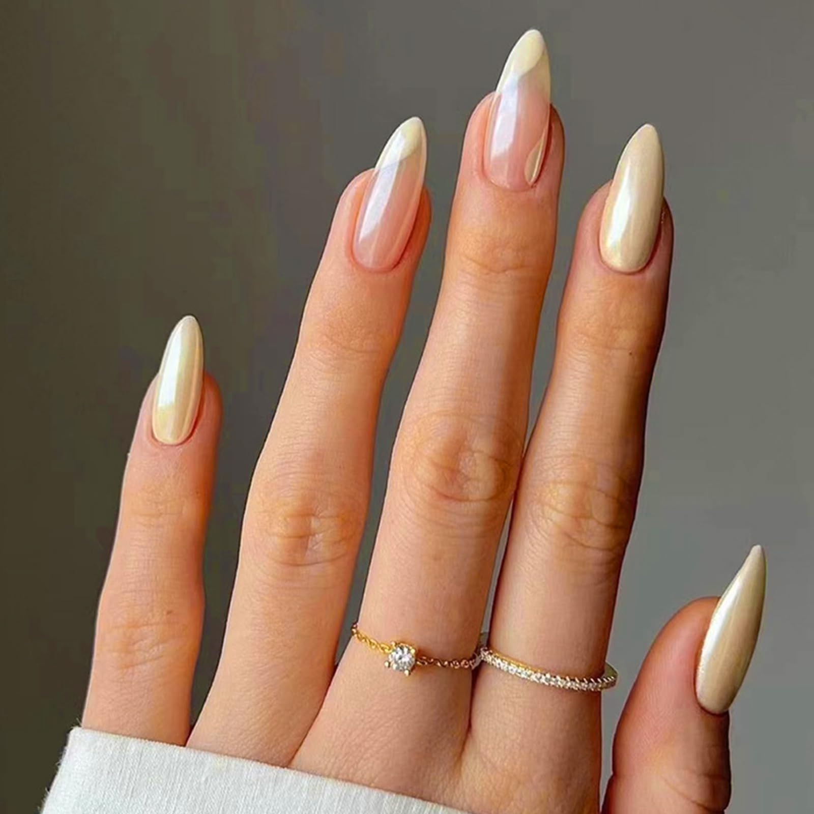 24Pcs Almond French Press on Nails Short, Yellow Glossy Acrylic French Tips Fake Nails, Ballerina False Nails with Waves Designs Full Cover Stick on Nail for Women and Girls — image 1