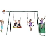 Hapfan 440lbs Swing Sets for Backyard with Slide, Heavy Duty Metal Swing Stand, Saucer Tree Swing, Belt Swing,Basketball Hoop