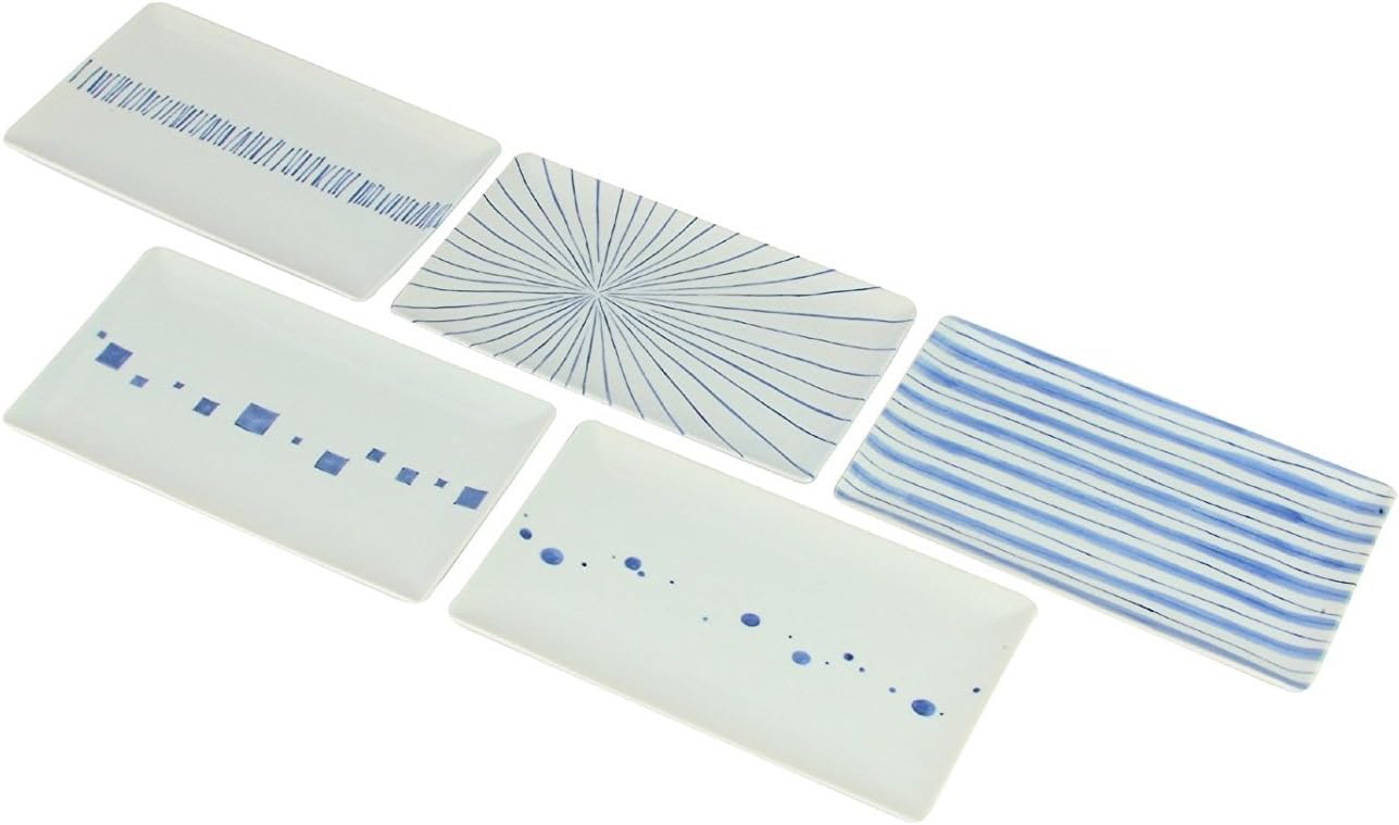 Saikai pottery 5 set of Japanese Long Plate w/ 5 different Blue pattern 14141 Stained geometric pattern from Japan