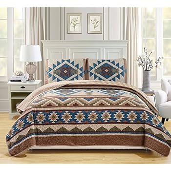 Western Southwestern Native American Tribal Navajo Design 3 Piece Multicolor Beige Taupe Brown Blue Green Oversize Bedspread Quilt Set Taupe (Queen)