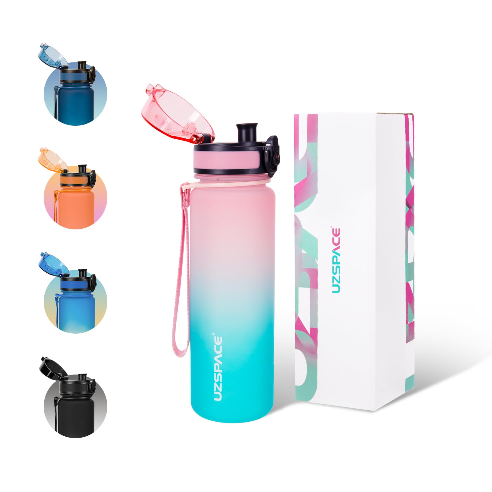 UZSPACE Water Bottle Kids with Strainer - BPA Free Drinking Bottles for Adults - Sports Water Bottle 500ml with Capacity Scale - Daily Water Intake Bottle for School or Fitness Pink & Cyan