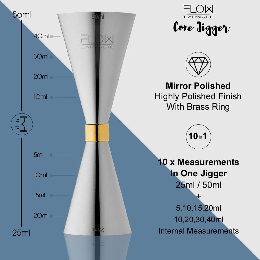 FLOW Barware Cone Spirit Measure, 10-in-1 Jigger, Silver, 11cm x 5cm x 5cm - Image 5