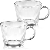 TkoYuHm 13oz Vintage Coffee Mugs 2 pack Striped Glass Tea Cups with Handle Stackable Clear Espresso Cup for Cappuccino Latte Beverages