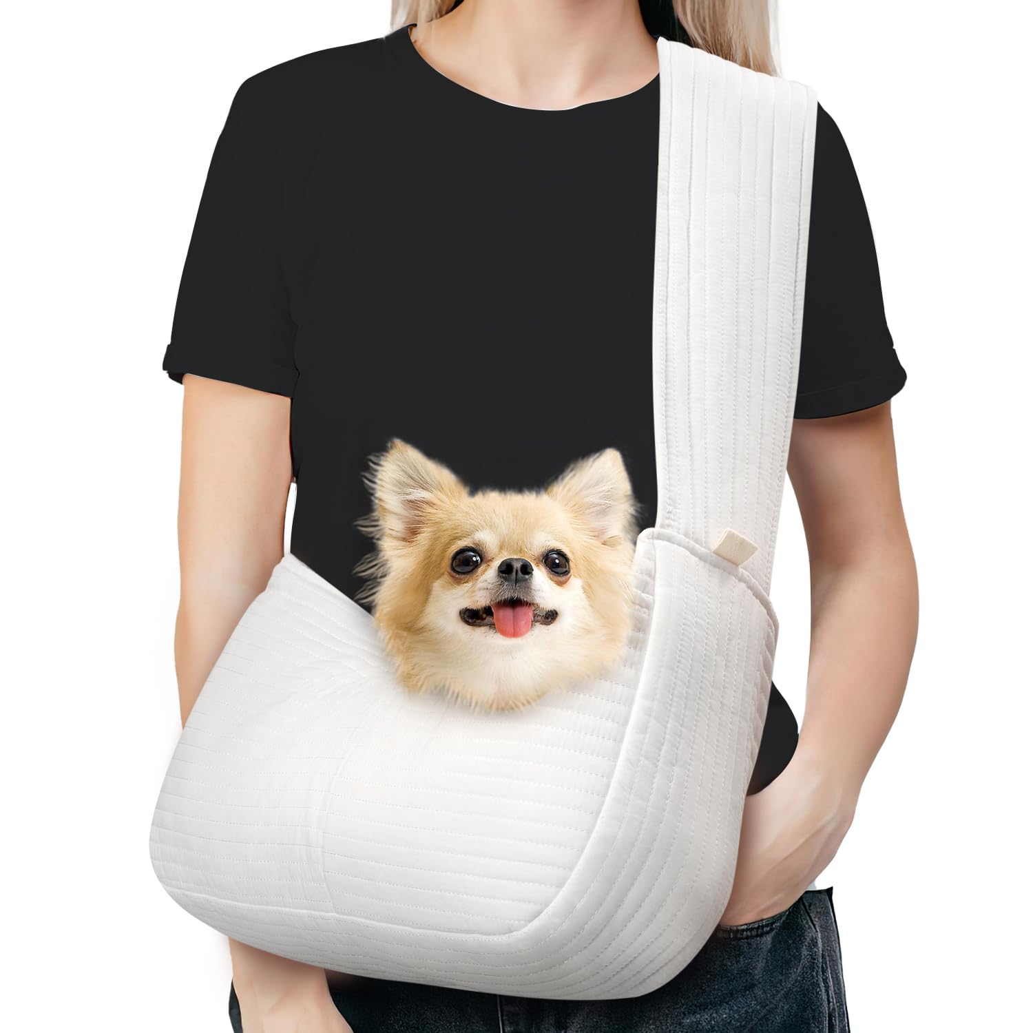 Photo 1 of Pawaboo Dog Sling Carrier for Small Dogs Cats, Ultra-Comfortable Dog Carrier Sling Up to 10lbs, Hand-Free Widened Strap Dog Purse for Cat & Puppy, Dog Pouch Carrier Built-in Safety Leash (White)