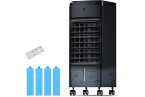NOMEY Evaporative Air Cooler, 3-IN-1 Air Conditioner Portable for Room w/ 4 Modes & 3 Speed, 12H Timer, 1 Gal Detachable Water Tank, 4 Ice Packs, Remote, 70° Oscillation Air Cooler for Bedroom Indoor