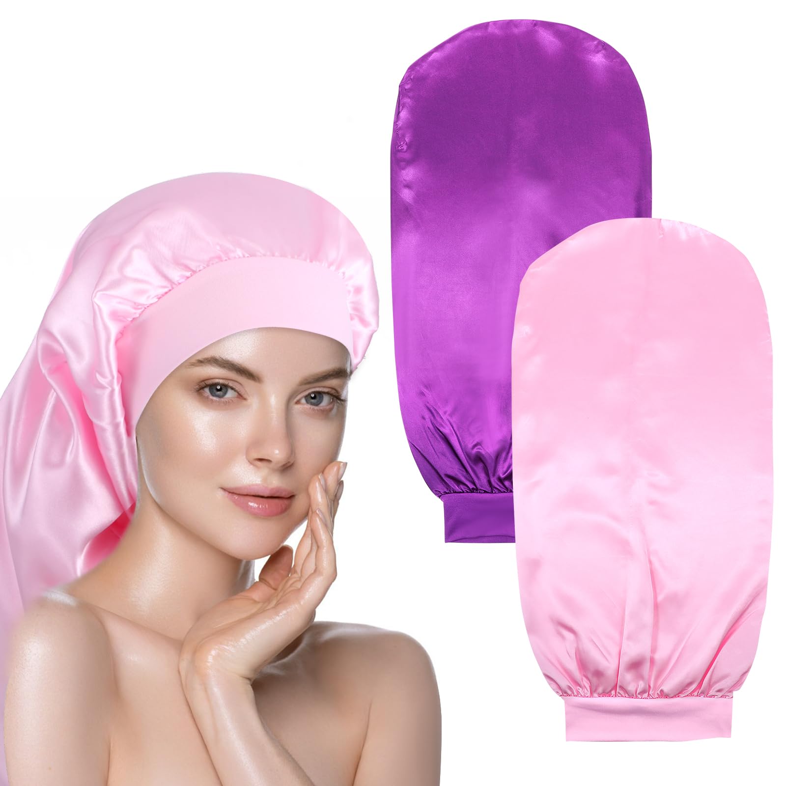 2 Pcs Long Satin Sleep Bonnet for Women, Long Dreadlocks and Braids Hair Bonnets Sleeping Cap for Curly Hair, Hair Care Caps(Pink, Purple)