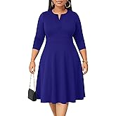 Runwind Plus Size Midi Dress for Women Casual Cocktail Church 3/4 Sleeve V Neck Work A-Line Dresses with Pockets