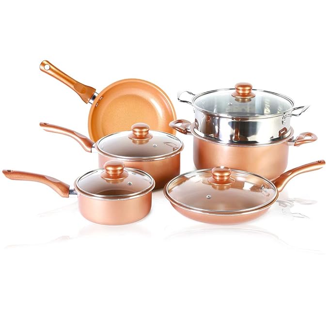 SIMPLE & Co 10-teiliges verkupfertes Antihaft-Kochgeschirr-Set, induktionskompatible keramische Kupfertöpfe und Pfannen Kochg