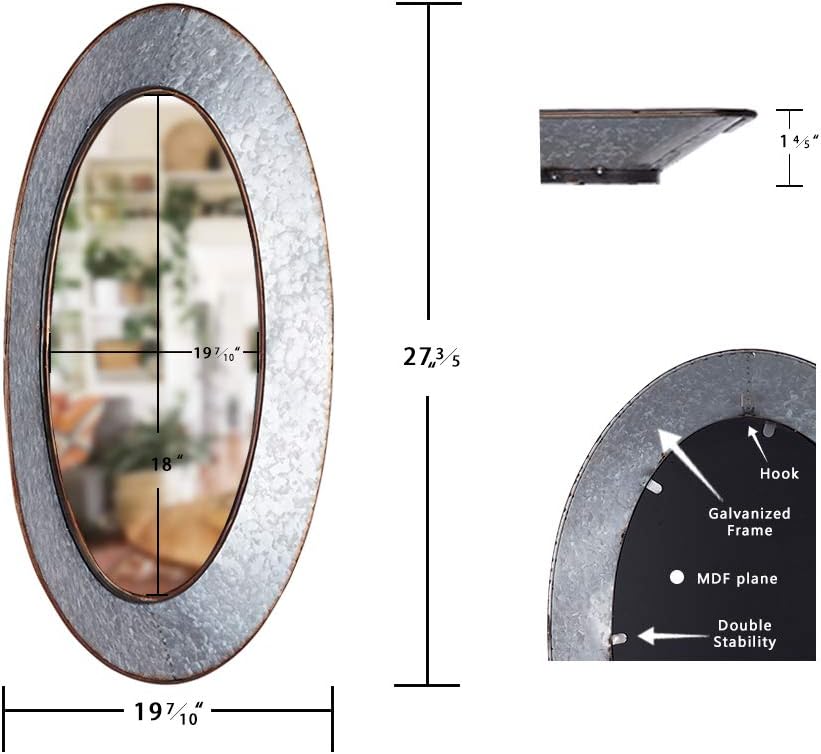 Geloo Bathroom Mirrors Industrial Galvanized - 28 Inch Oval Wall Mirrors, Gray Farmhouse Mirrors Wall Mounted,Vanity Mirror for Wall Decor Design for Bedroom, Street, Antique, Entryway: Furniture & Decor