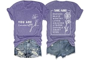 GAQEUWR Mental Health Shirts for Women, You are Enough Shirt, Casual Flower Graphic Positive Motivational Tee Tops