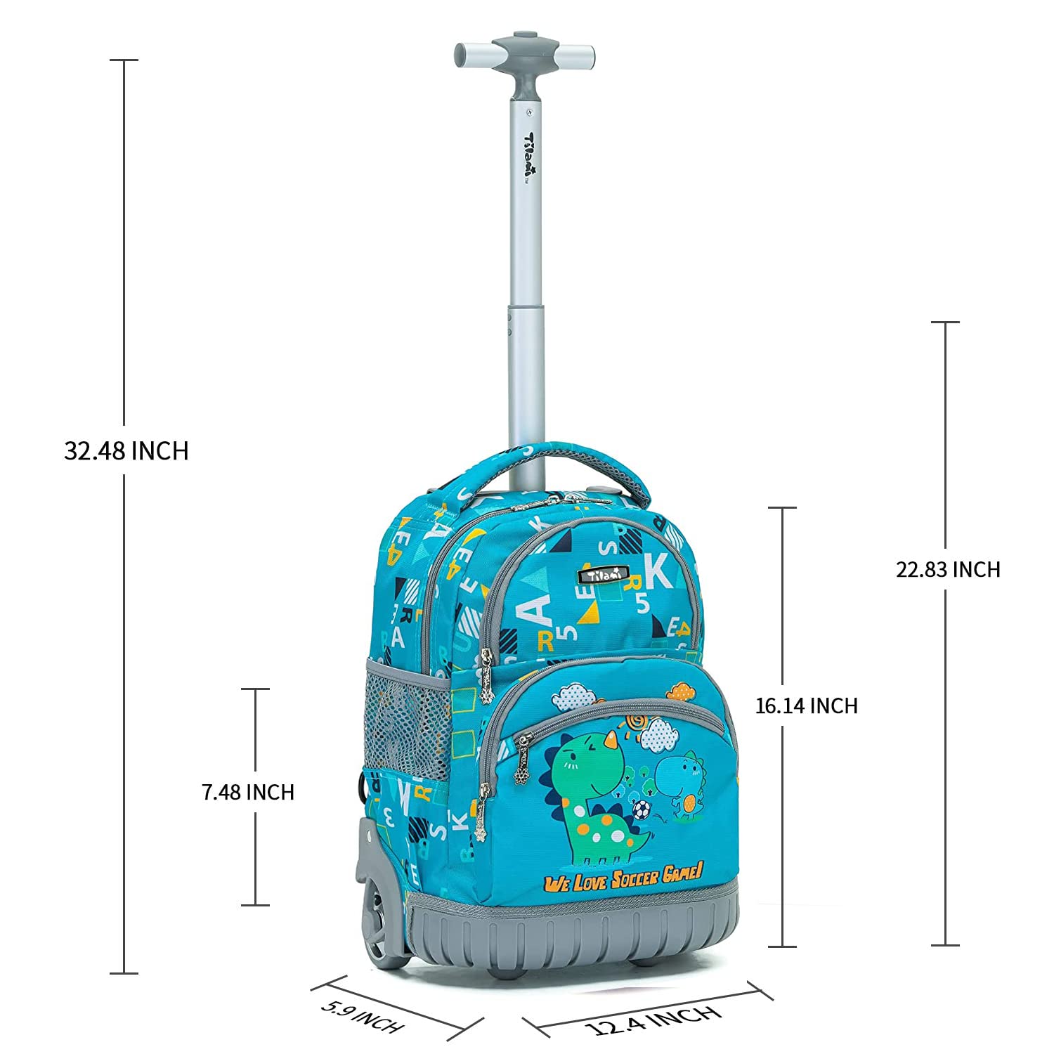 Rolling Backpack 16 Inch School College Travel Carry-on Backpack Boys Girls (Dinosaur Blue)