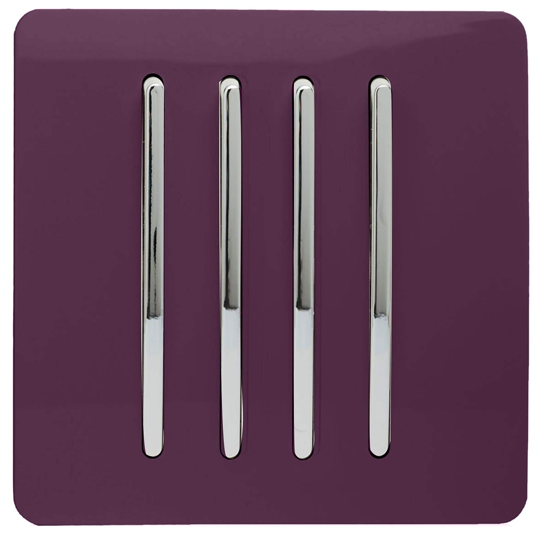 Trendi 4 Gang 2 way 240V Screwless Raised Front Plate Plastic Artistic Modern Glossy 10 Amp Chrome Rocker Quad Electrical Wall Light Switch Plum Purple - ART-SS8PL
