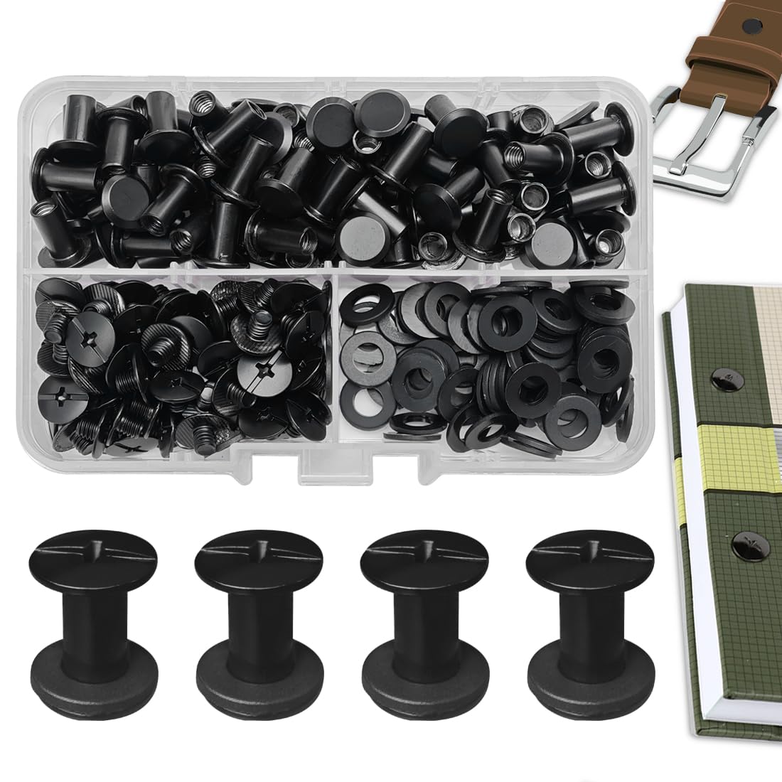 SHSMPXOY 80 Set Chicago Screws Posts for Leather Rivets M5*10mm Chicago Book Binding Screws Rivets Cross Head Chicago Button Screws for DIY Book Scrapbook Bookbinding, Bags,Collars(Matte Black)