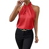 SweatyRocks Womens Elegant Twist Front Halter Sleeveless Satin Blouse Keyhole Back Tank Top