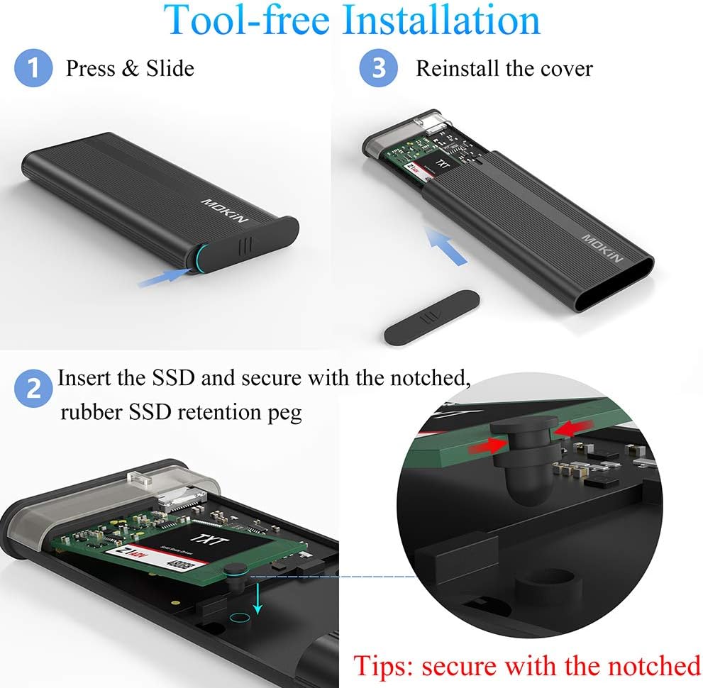 M.2 NVME SSD Enclosure Adapter Tool-Free, USB C 3.1 Gen 2 10Gbps to NVME PCIe M-Key(B+M Key) Thunderbolt 3 Solid State Drive External Enclosure Support UASP Trim for SSD Size 2242/2260/2280: Computers & Accessories