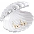 Denique Shell Jewelry Dish Tray, Ceramic Trinket Tray Clamshell Jewelry Storage Dish, Ring Holder Dish Key Bowl, Decorative Jewelry Plate, Cute Jewelry Organizer for Room Decor (White)