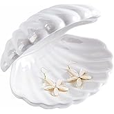 Denique Shell Jewelry Dish Tray, Ceramic Trinket Tray Clamshell Jewelry Storage Dish, Ring Holder Dish Key Bowl, Decorative Jewelry Plate, Cute Jewelry Organizer for Room Decor (White)